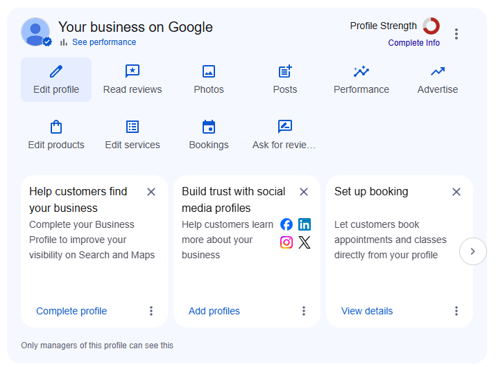 Your business on Google: management controls for business information, services, photos, reviews, posts and performance