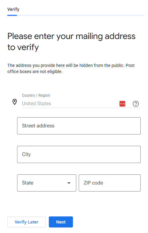 Please enter your mailing address to verify. The address you provide here will be hidden from the public.