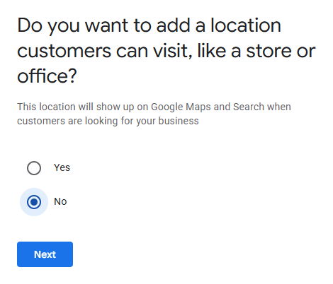 Do you want to add a location customers can visit, like a store or office? No selected.