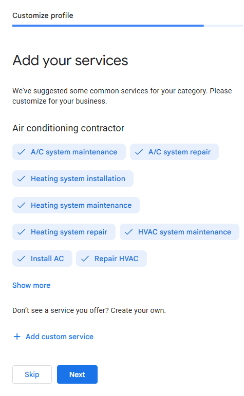Add your services: select relevant suggestions or add a custom service
