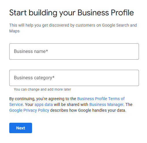 Start building your Business Profile: Business name, Business category and Next button