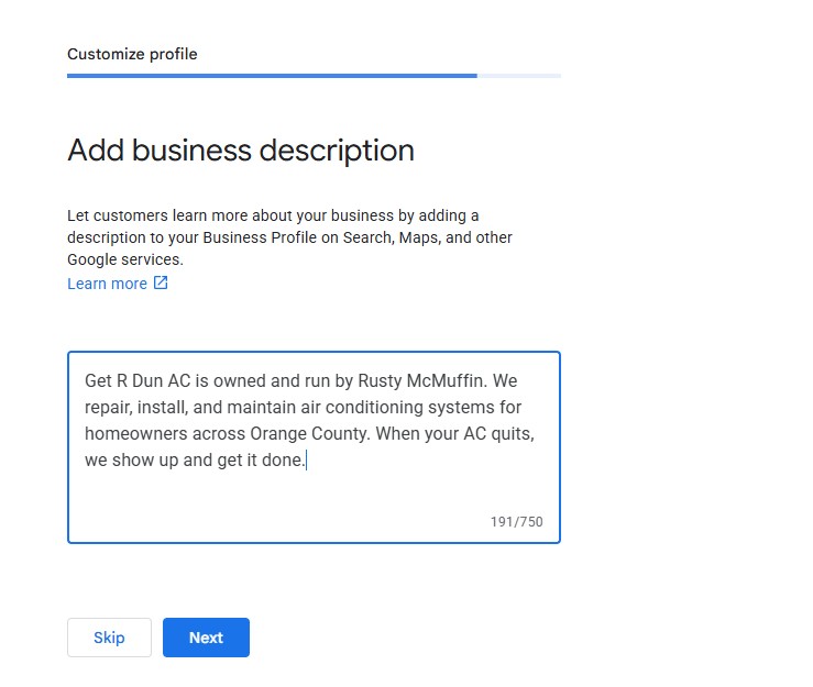Add business description: example text in the description field