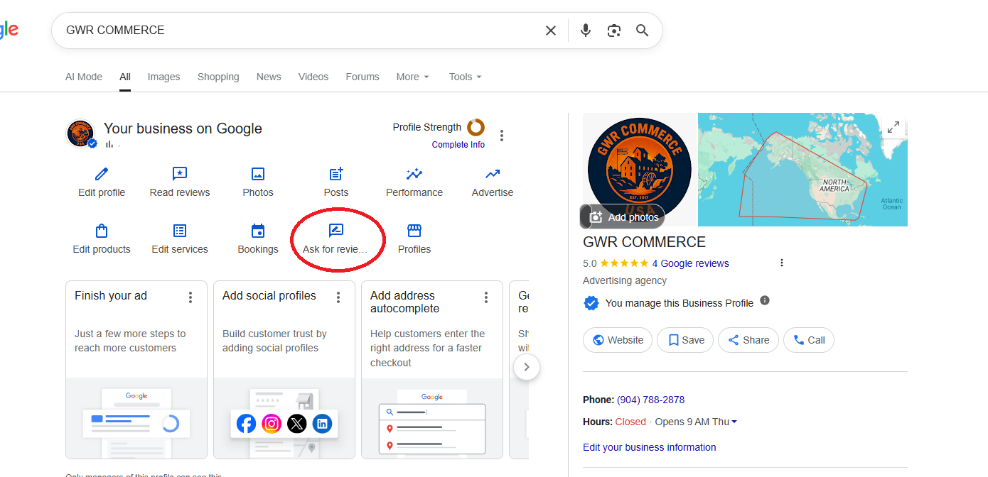 Google Business Profile dashboard highlighting the Ask for reviews button