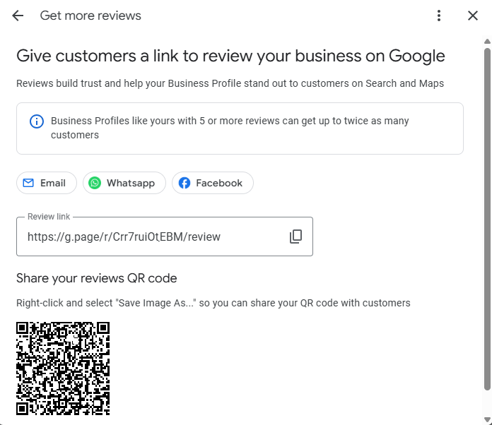 Google Get more reviews panel showing the direct review link and QR code
