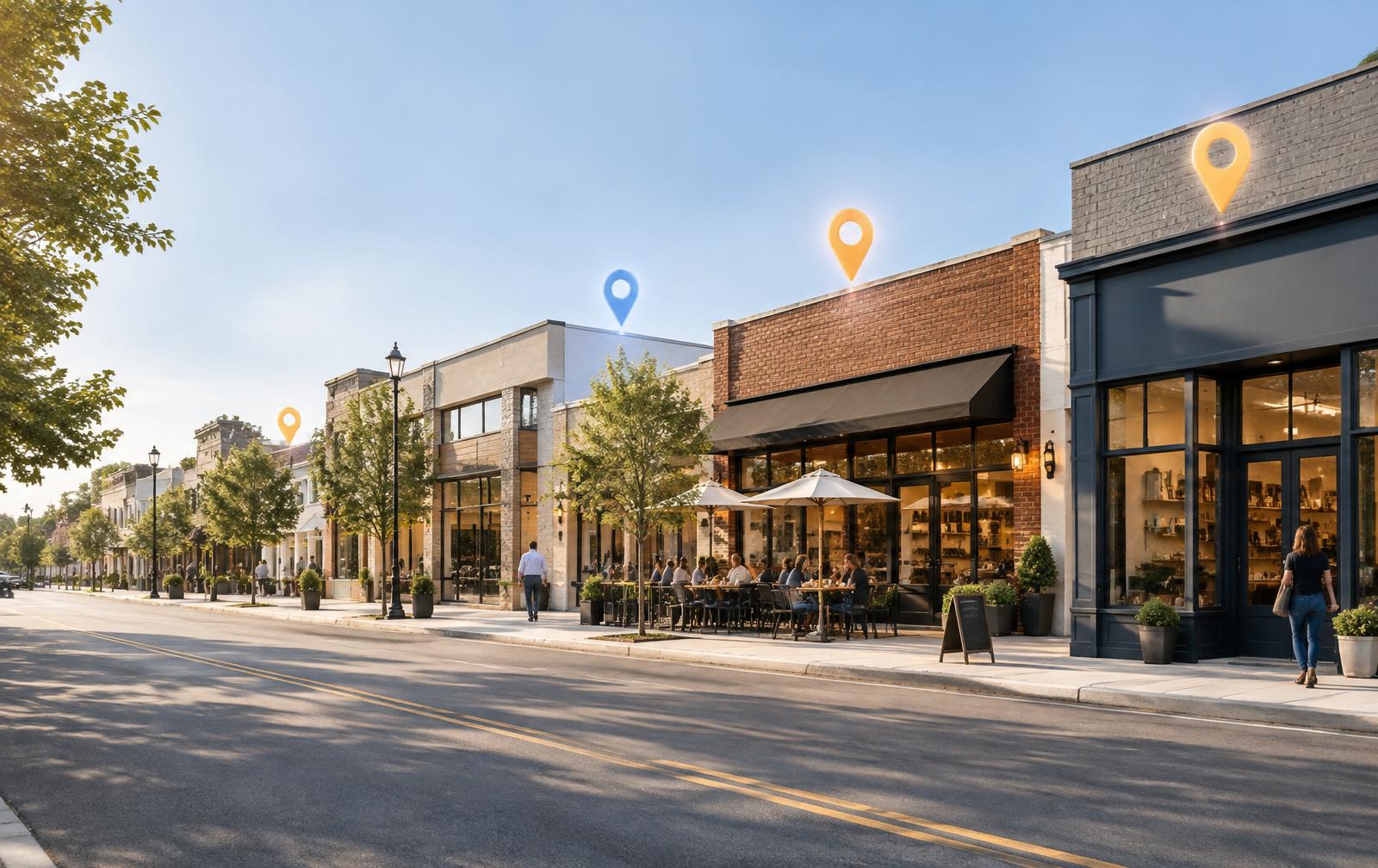 American Main Street with local storefronts and subtle map pins highlighting local search visibility