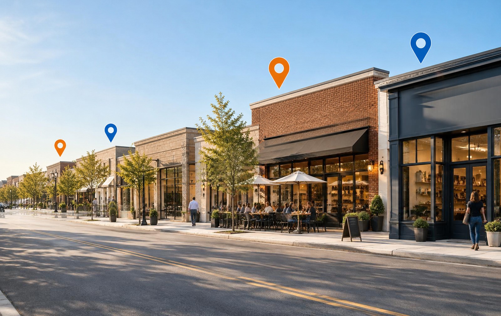 American Main Street with local storefronts and subtle map pins highlighting local search visibility